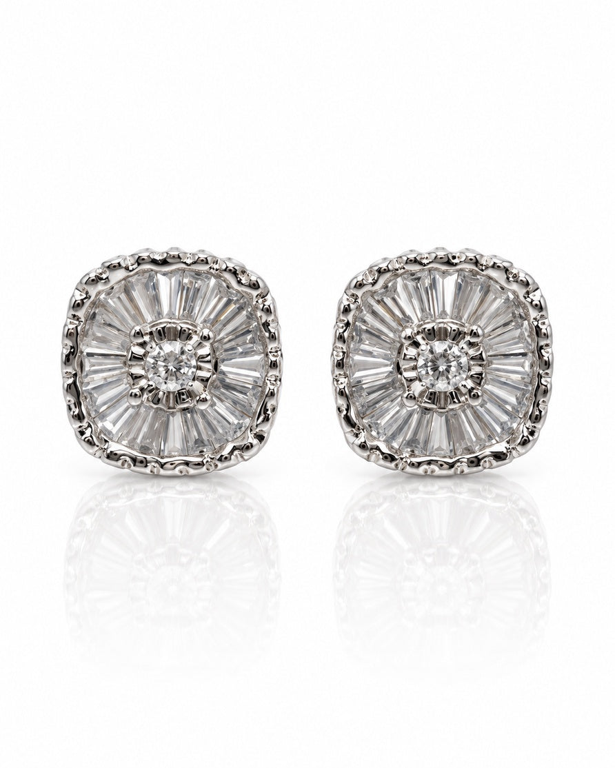 Cluster stud earring in 10ct white gold with round diamond and baguette sunburst