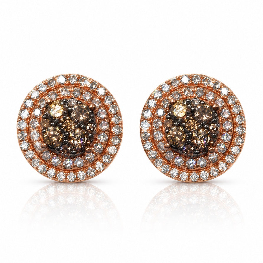Rose gold stud earring with cognac diamond cluster and white diamond double halo