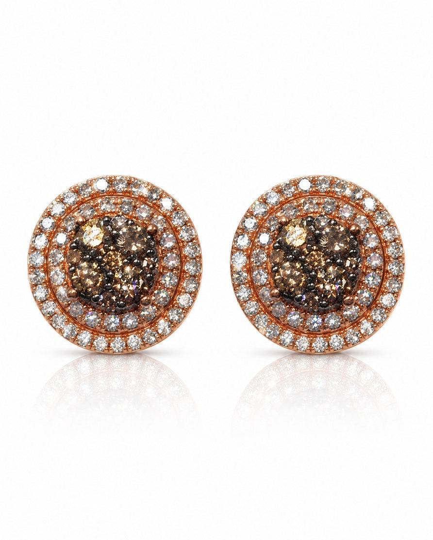 Rose gold stud earring with cognac diamond cluster and white diamond double halo