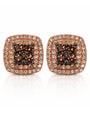 Rose gold cushion double halo stud earring with cognac diamond cluster centre and white diamond pavé