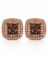 Rose gold cushion double halo stud earring with cognac diamond cluster centre and white diamond pavé