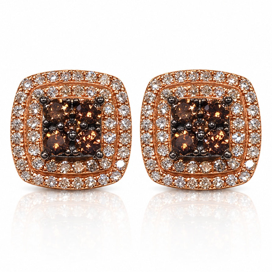 Rose gold cushion double halo stud earring with cognac diamond cluster centre and white diamond pavé