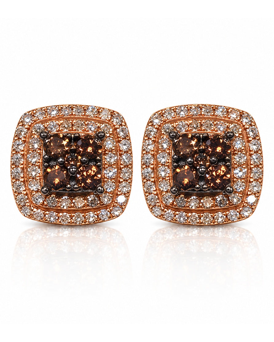 Rose gold cushion double halo stud earring with cognac diamond cluster centre and white diamond pavé