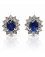 18ct white gold stud earring with oval blue sapphire and diamond floral halo