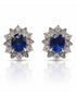 18ct white gold stud earring with oval blue sapphire and diamond floral halo