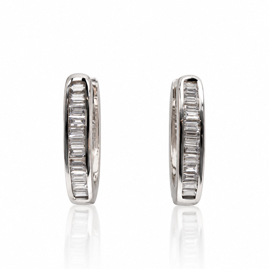 18ct white gold huggie earrings with a single row of channel-set baguette diamonds