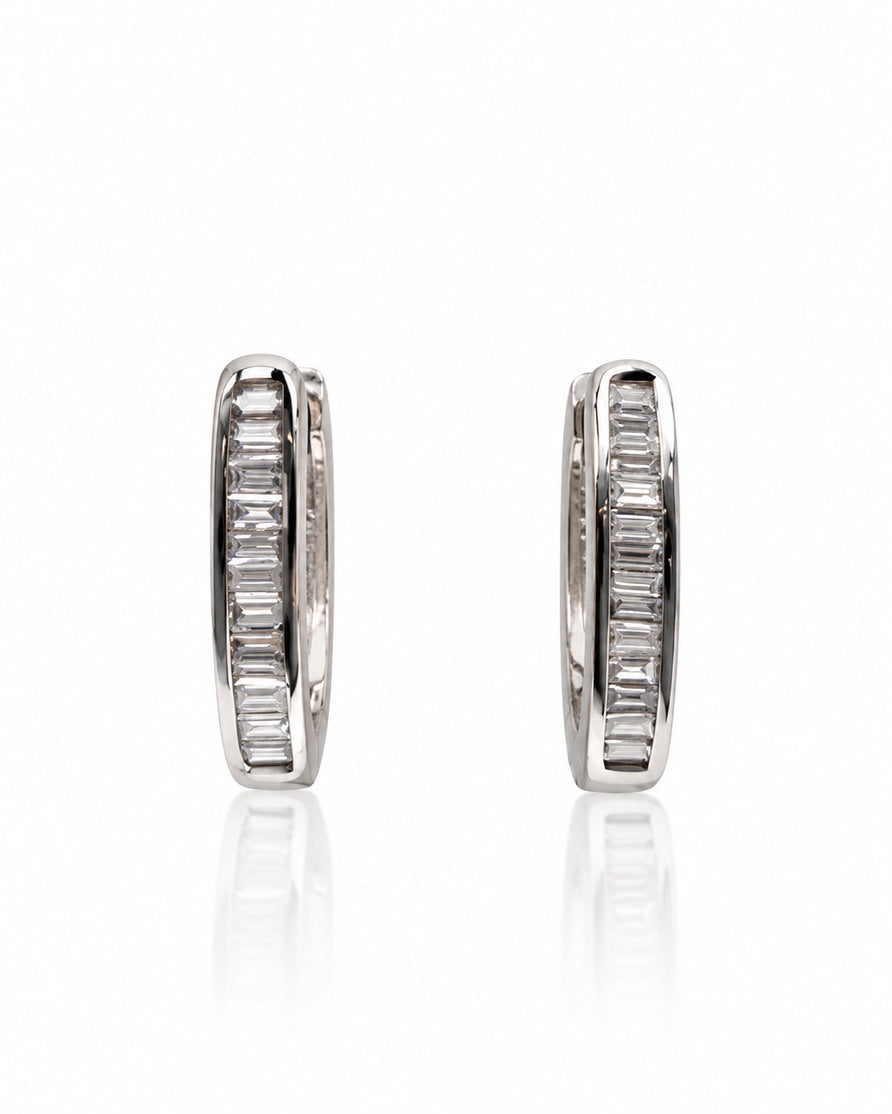 18ct white gold huggie earrings with a single row of channel-set baguette diamonds