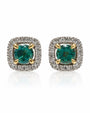 Pair of 9ct yellow gold stud earrings with round green emerald and diamond halo