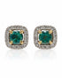 Pair of 9ct yellow gold stud earrings with round green emerald and diamond halo