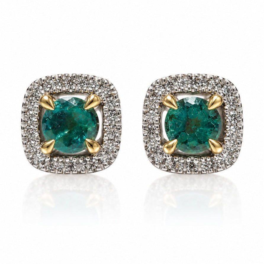 Pair of 9ct yellow gold stud earrings with round green emerald and diamond halo