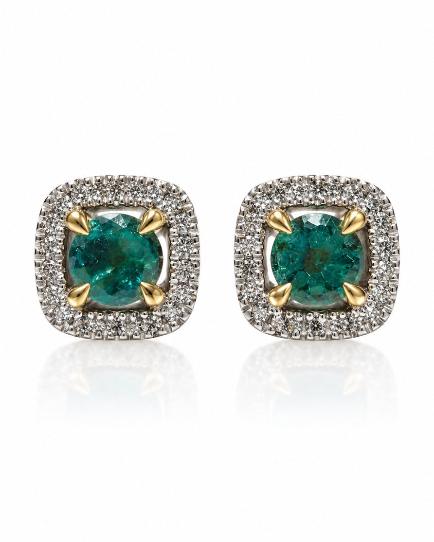 Pair of 9ct yellow gold stud earrings with round green emerald and diamond halo