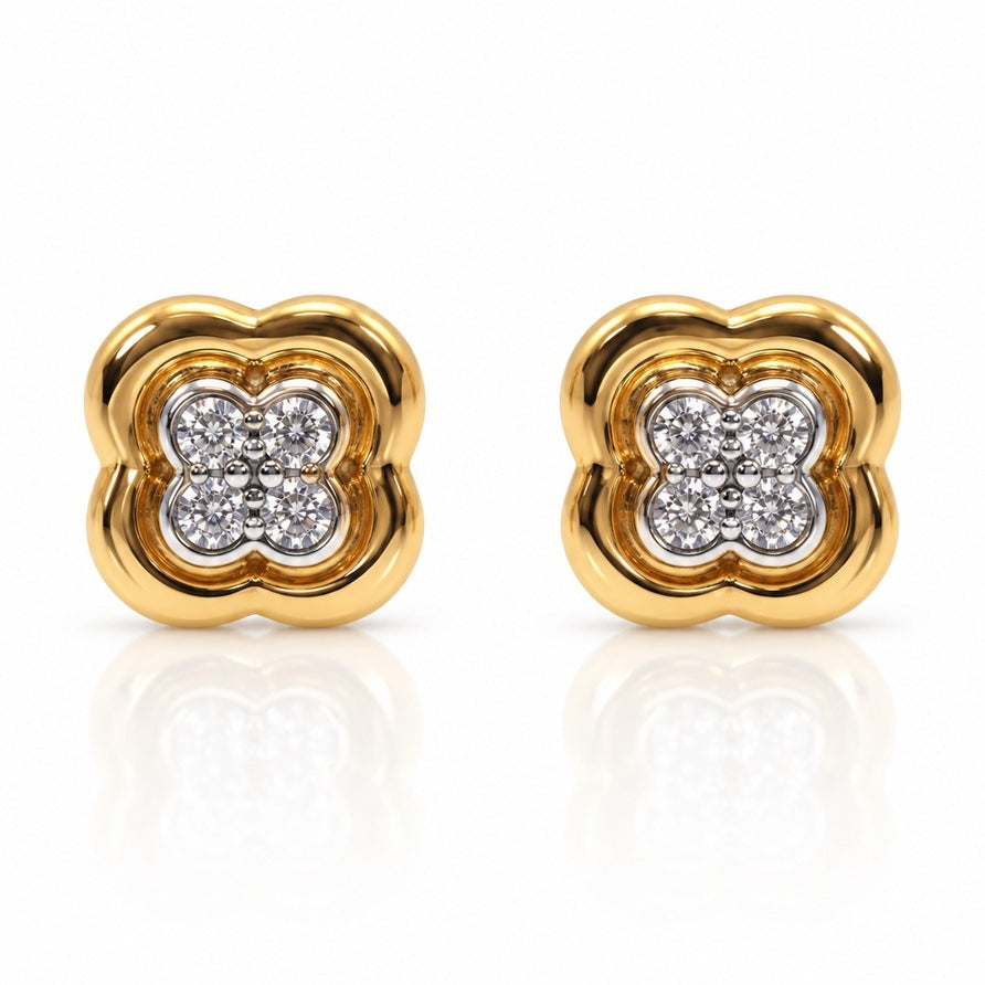 9ct yellow gold four-leaf clover stud earrings with round diamonds in claw settings