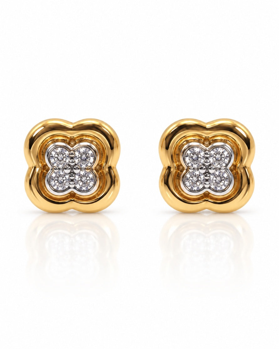 9ct yellow gold four-leaf clover stud earrings with round diamonds in claw settings