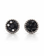 Pair of 9ct white gold round cluster stud earrings with black diamonds and rope-twist border