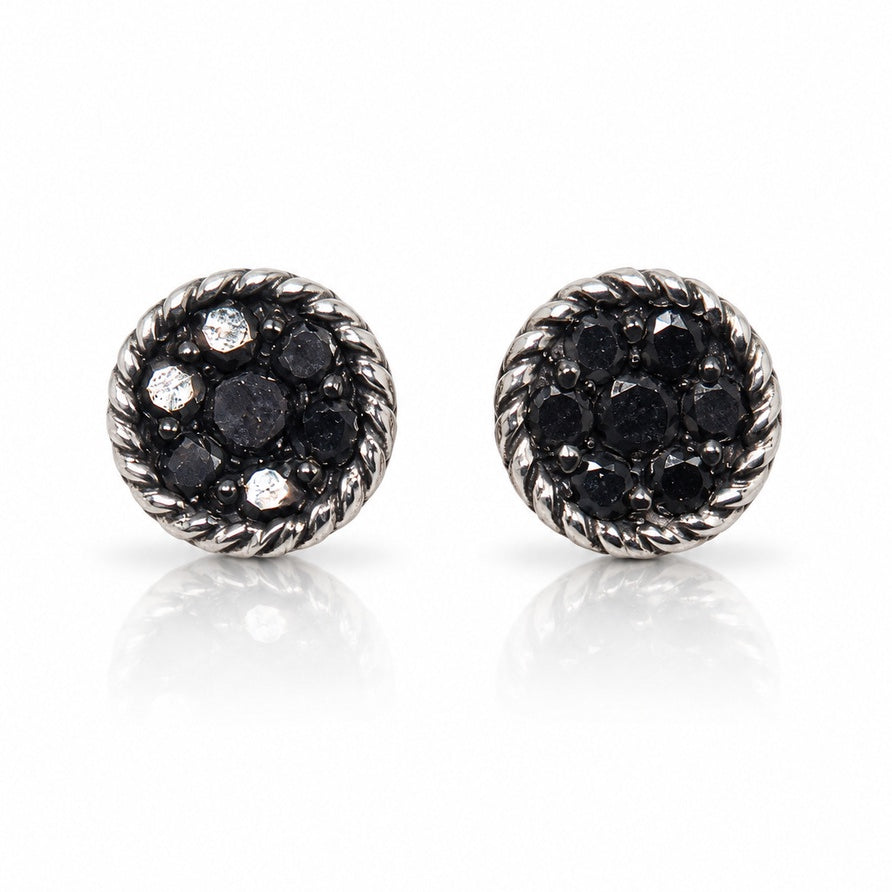 Pair of 9ct white gold round cluster stud earrings with black diamonds and rope-twist border
