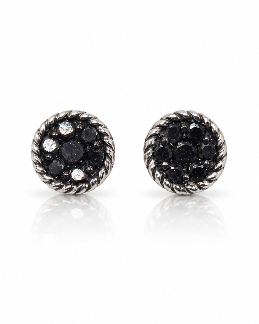 Pair of 9ct white gold round cluster stud earrings with black diamonds and rope-twist border