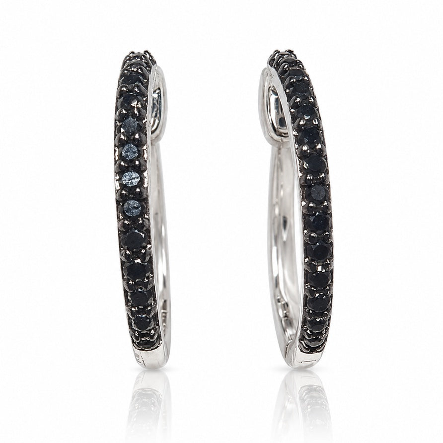 Pair of 9ct white gold huggie earrings with a pavé row of black diamonds