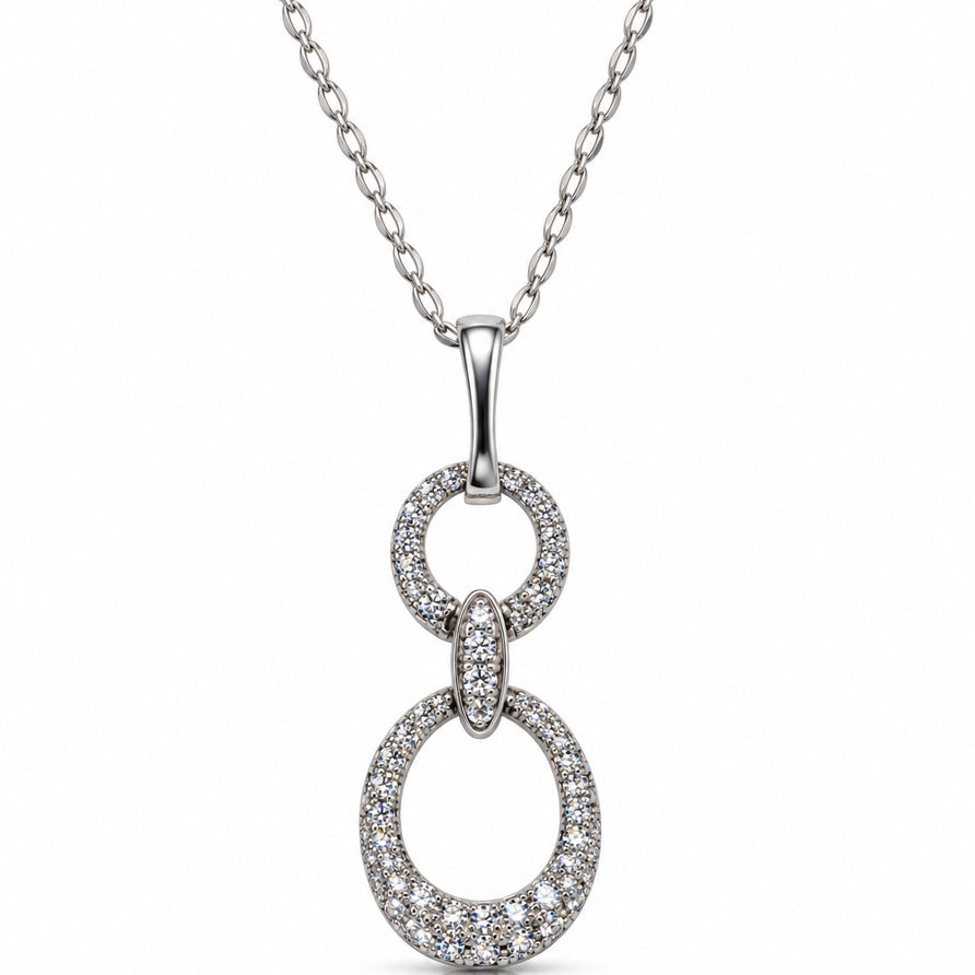 9ct White Gold pendant with two linked pavé diamond circles on fine oval-link chain