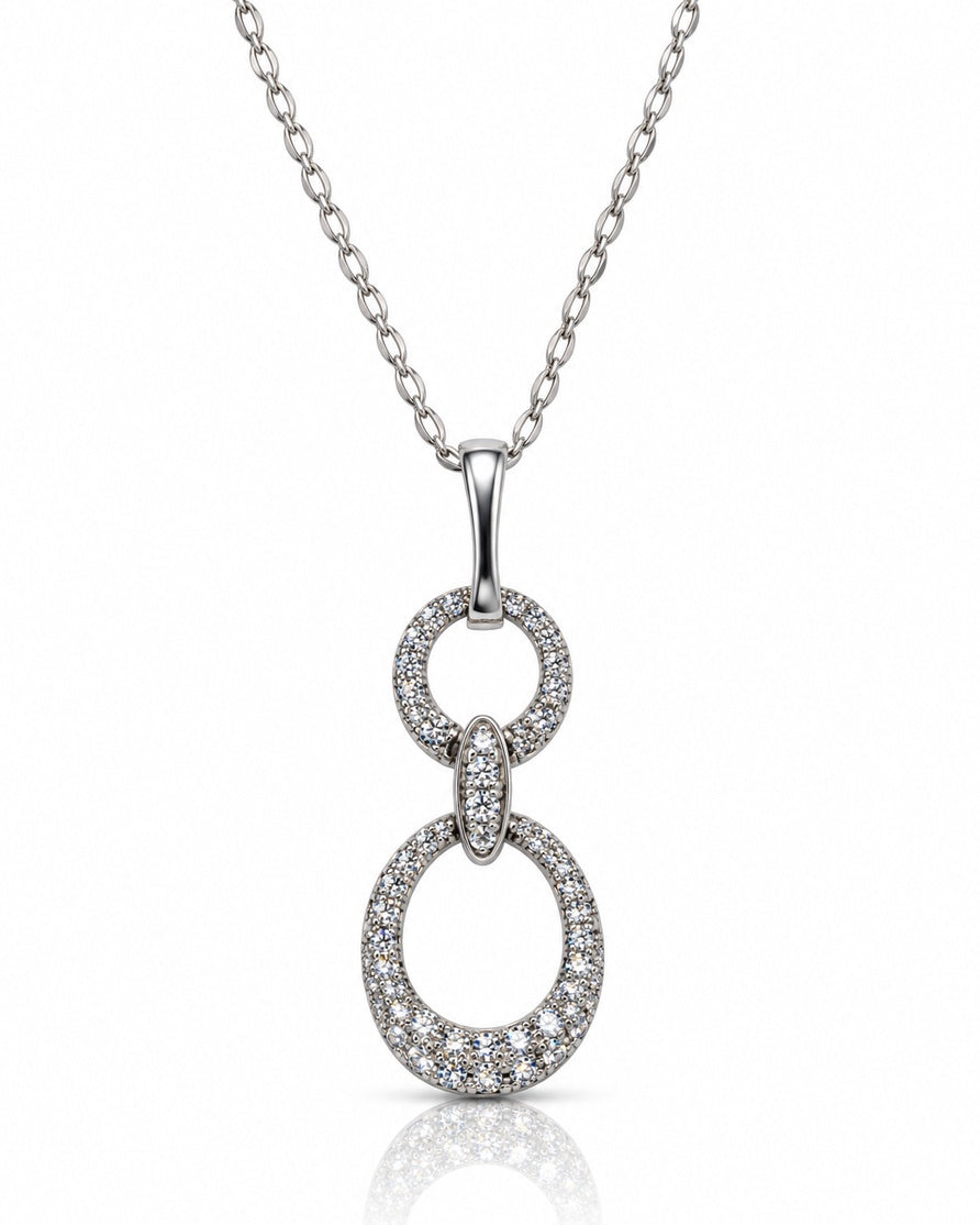 9ct White Gold pendant with two linked pavé diamond circles on fine oval-link chain