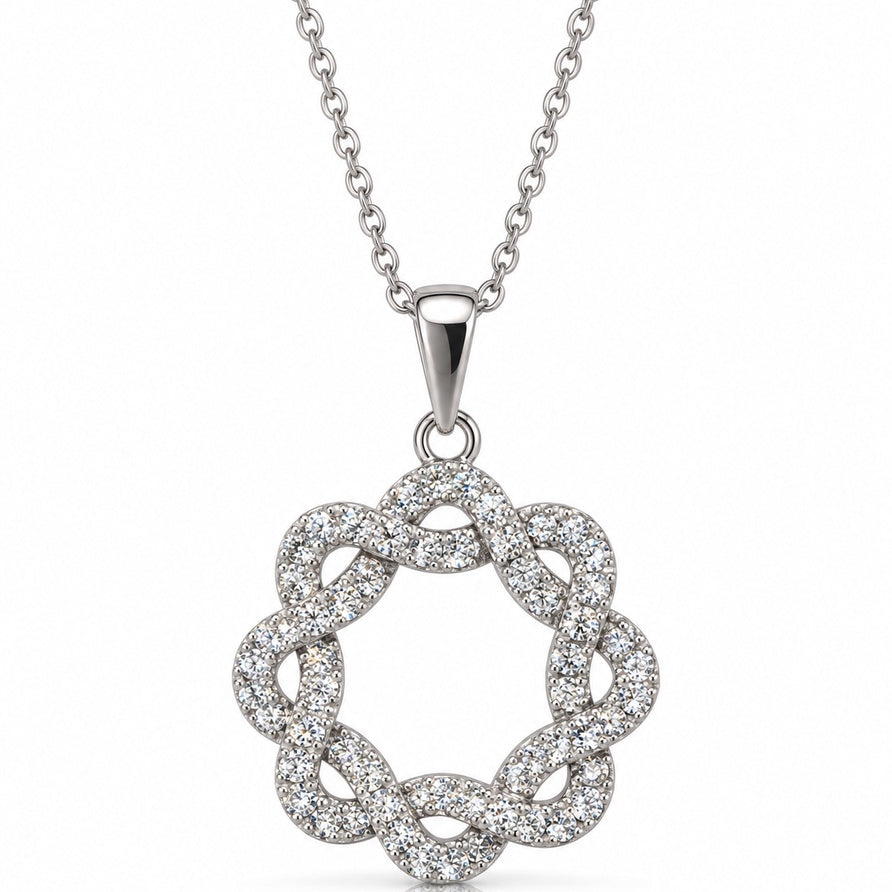 18ct white gold pendant with pavé diamonds in an intertwined circle on a cable chain