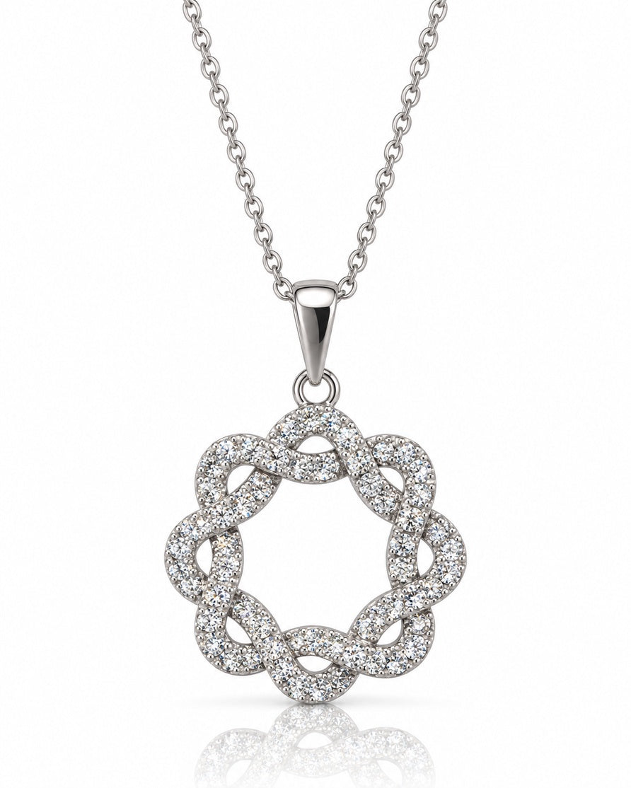 18ct white gold pendant with pavé diamonds in an intertwined circle on a cable chain