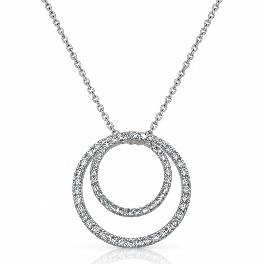 9ct white gold pavé diamond swirl pendant with two interlinked circles on a fine cable chain
