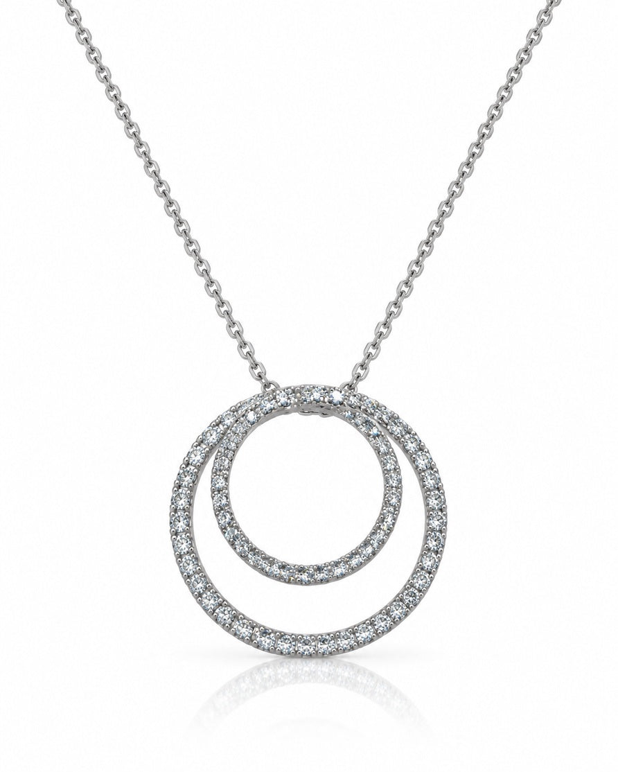 9ct white gold pavé diamond swirl pendant with two interlinked circles on a fine cable chain