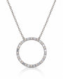 9ct white gold open circle pendant with baguette and round diamonds on fine cable chain