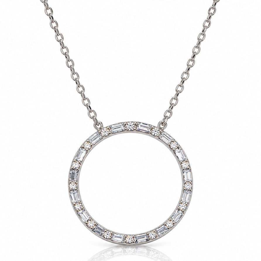 9ct white gold open circle pendant with baguette and round diamonds on fine cable chain