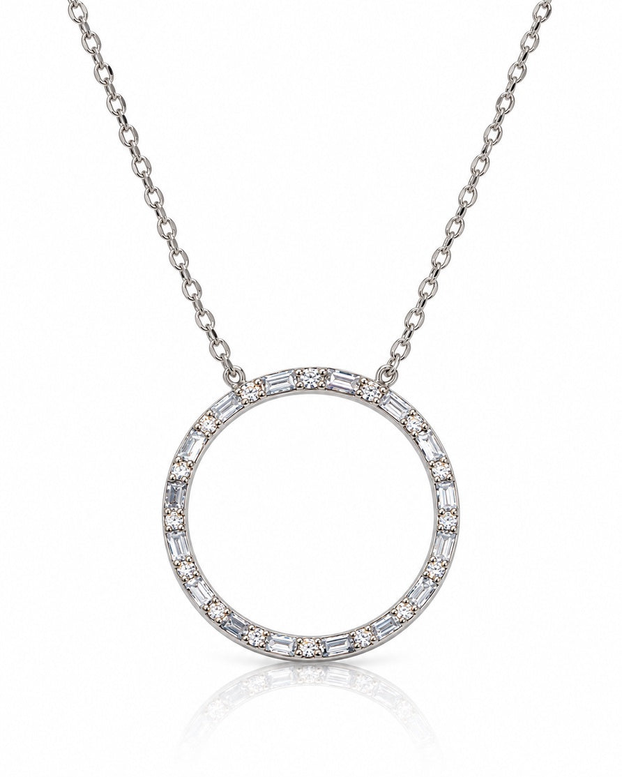 9ct white gold open circle pendant with baguette and round diamonds on fine cable chain