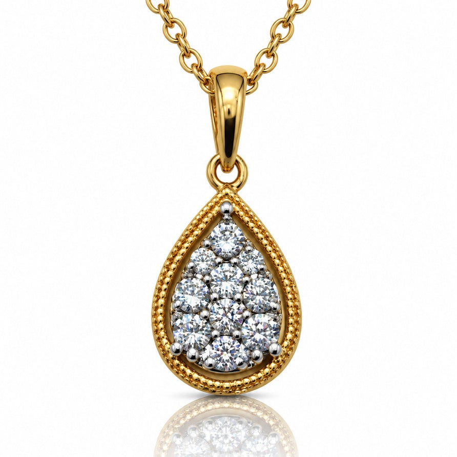 9ct yellow gold pear-shaped diamond cluster pendant on a 45cm cable chain
