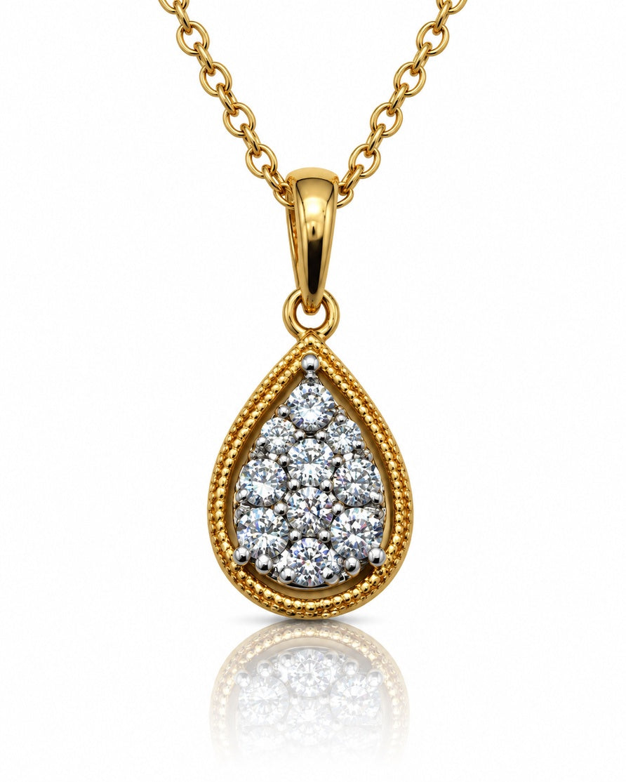 9ct yellow gold pear-shaped diamond cluster pendant on a 45cm cable chain