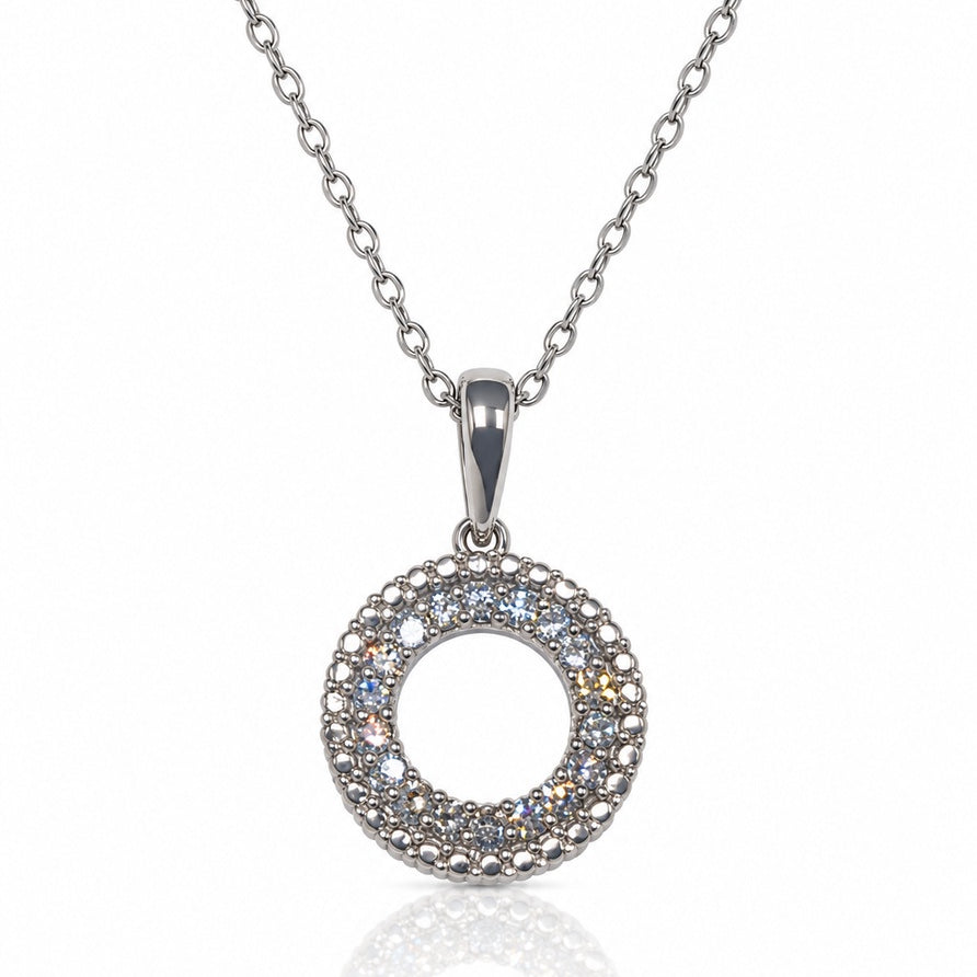 9ct white gold circle of life pendant with grain-set round diamonds on fine trace chain