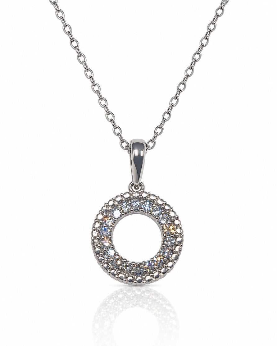9ct white gold circle of life pendant with grain-set round diamonds on fine trace chain