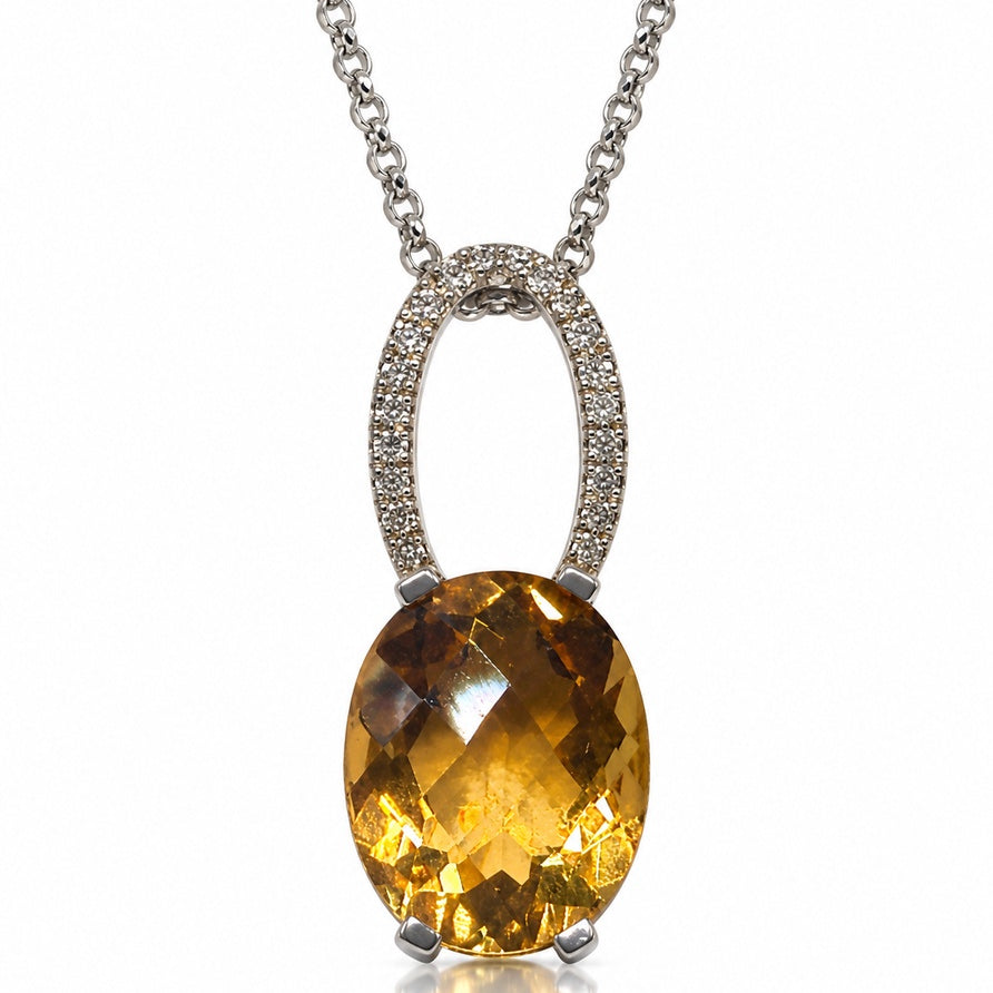 9ct White Gold pendant with oval citrine hanging from a pavé-set open bail on a rolo chain