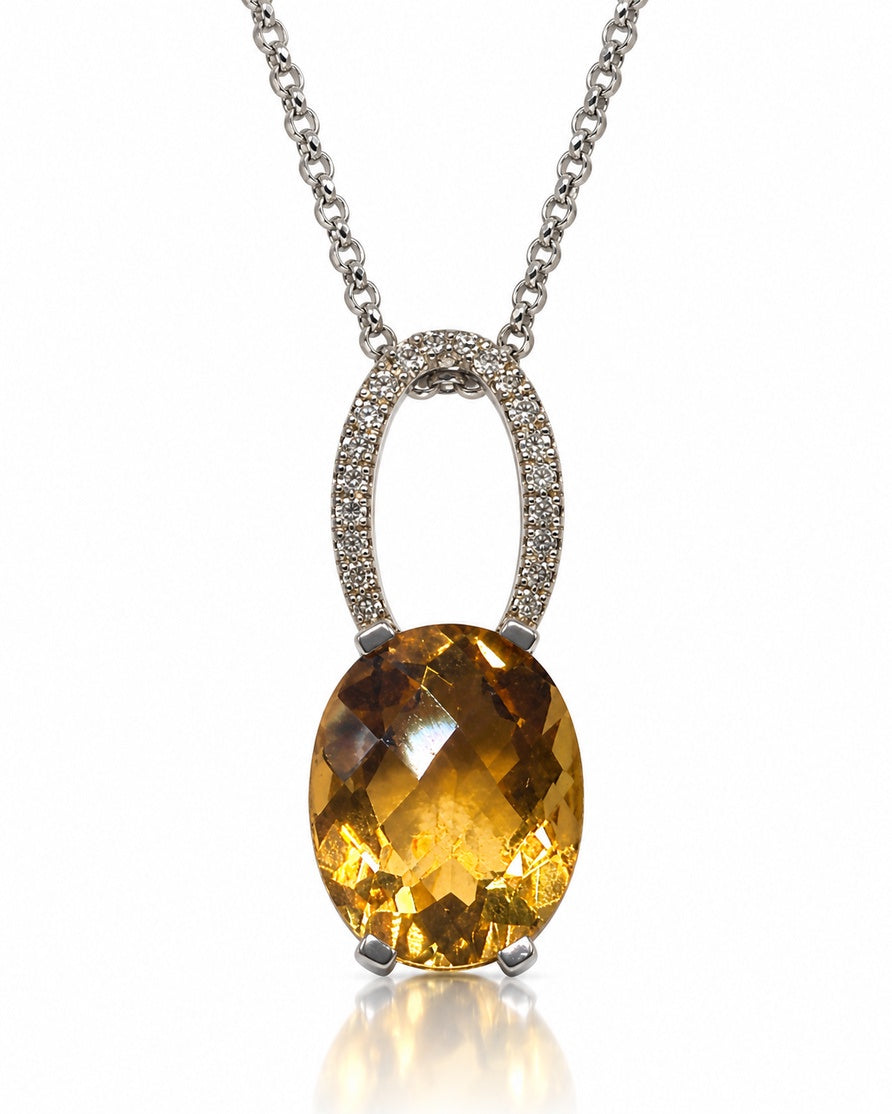9ct White Gold pendant with oval citrine hanging from a pavé-set open bail on a rolo chain