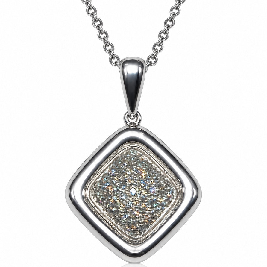 9ct white gold pavé diamond square pendant set on point with fine 45cm chain