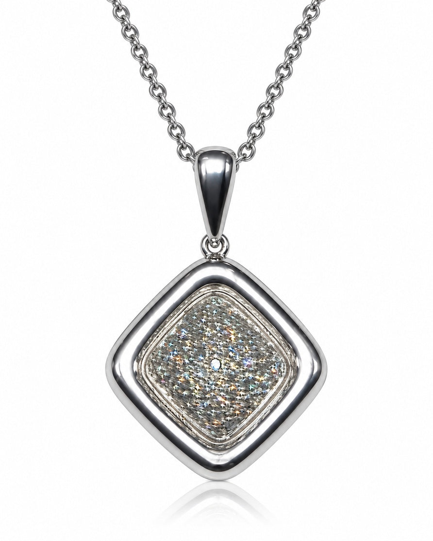 9ct white gold pavé diamond square pendant set on point with fine 45cm chain