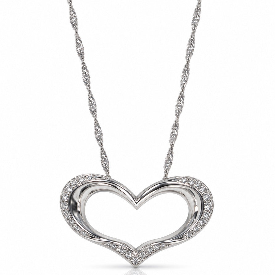 9ct white gold open heart pendant with pavé diamonds on a twisted chain