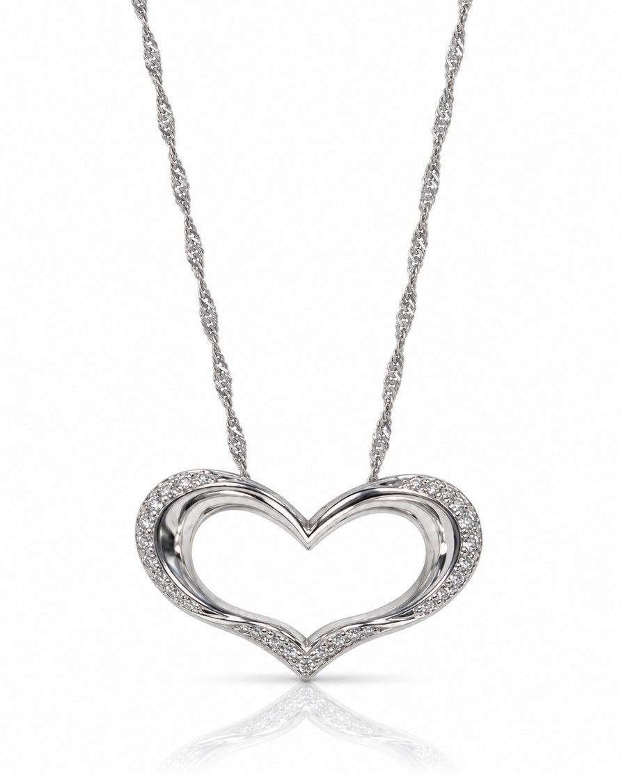 9ct white gold open heart pendant with pavé diamonds on a twisted chain