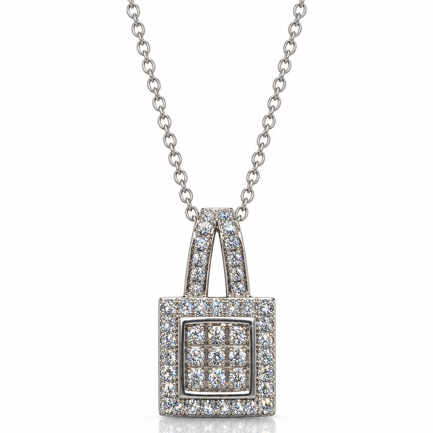 9ct white gold square diamond cluster halo pendant on a 45cm cable-link chain