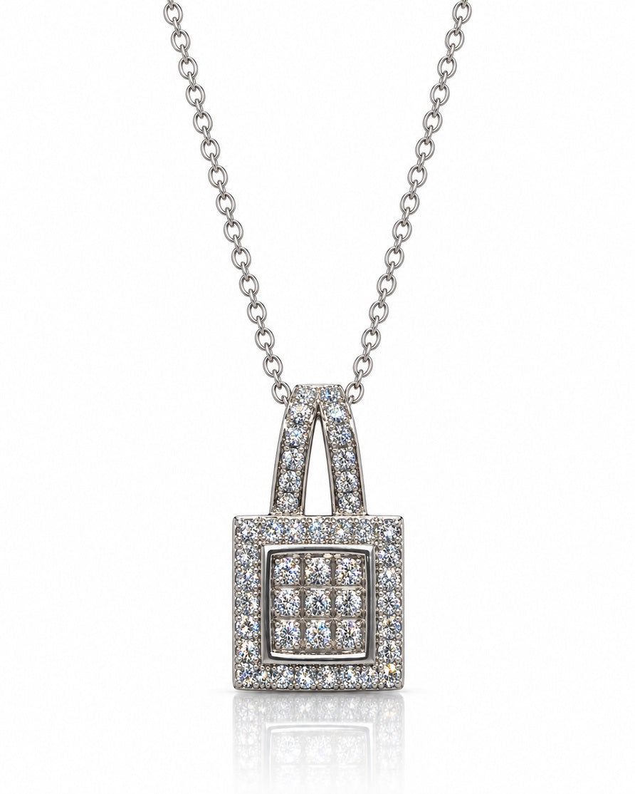 9ct white gold square diamond cluster halo pendant on a 45cm cable-link chain