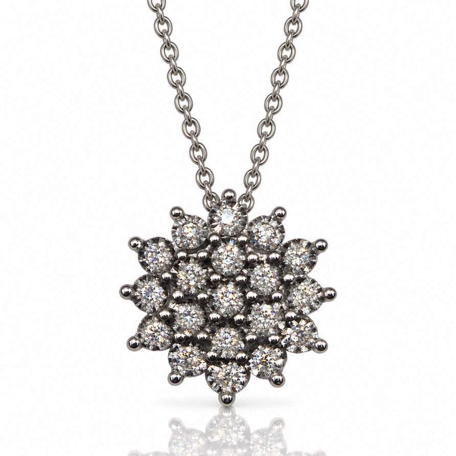 9ct White Gold diamond cluster pendant with starburst flower design on cable chain