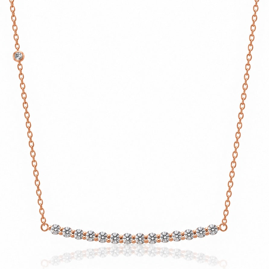 18ct rose gold journey pendant with curved bar of round diamonds on fine chain