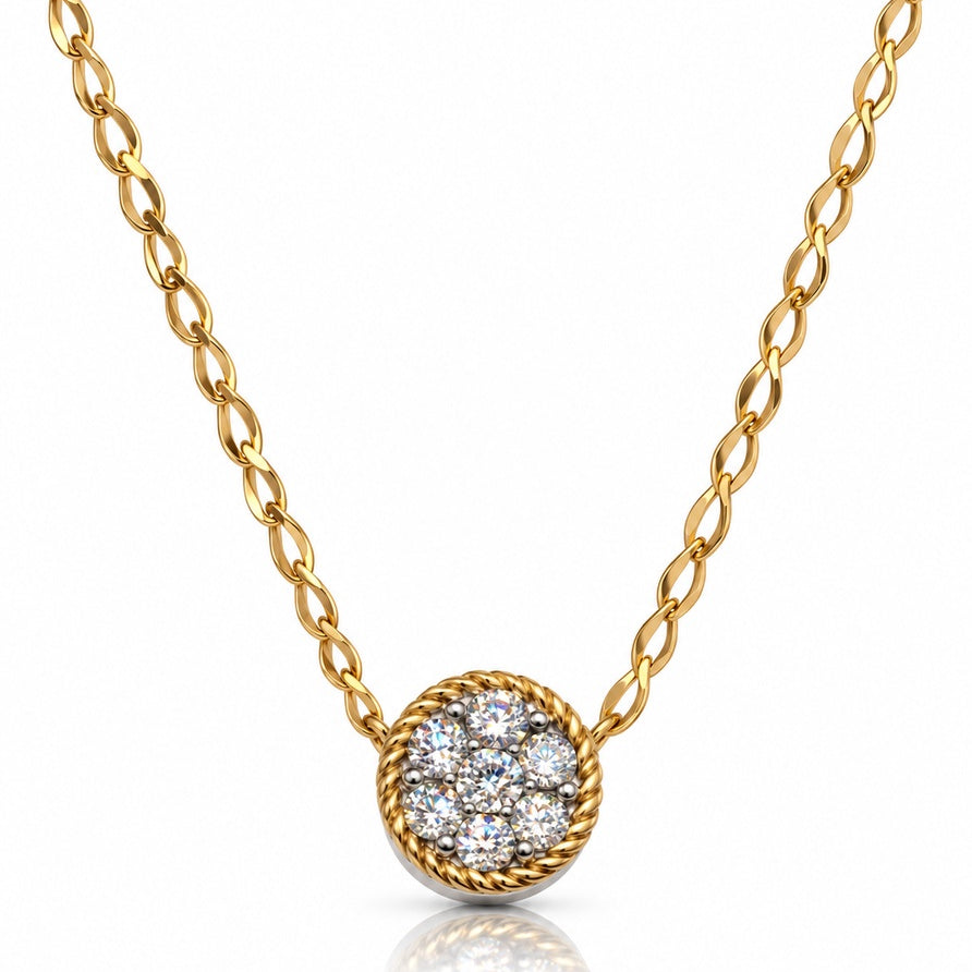 9ct yellow gold seven-stone round diamond cluster pendant with rope-wire border on fine chain