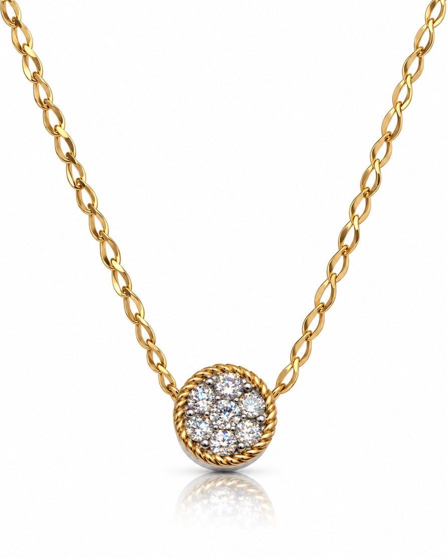 9ct yellow gold seven-stone round diamond cluster pendant with rope-wire border on fine chain