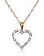 9ct rose gold open heart pendant with alternating round and baguette diamonds on a fine trace chain