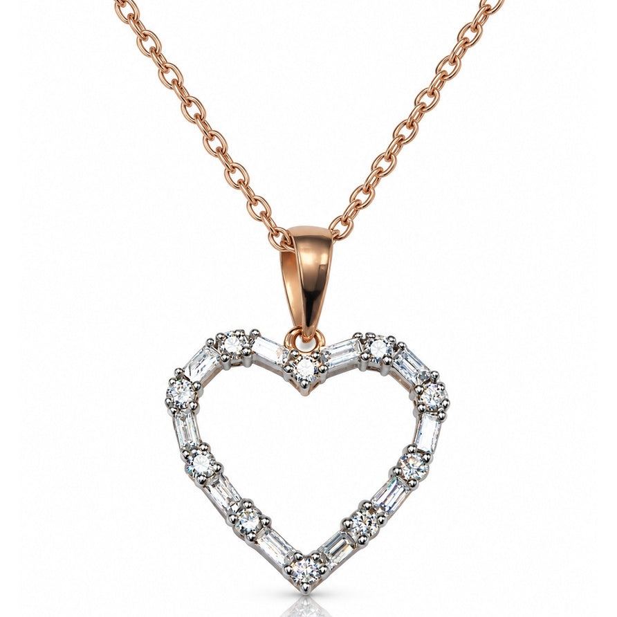 9ct rose gold open heart pendant with alternating round and baguette diamonds on a fine trace chain