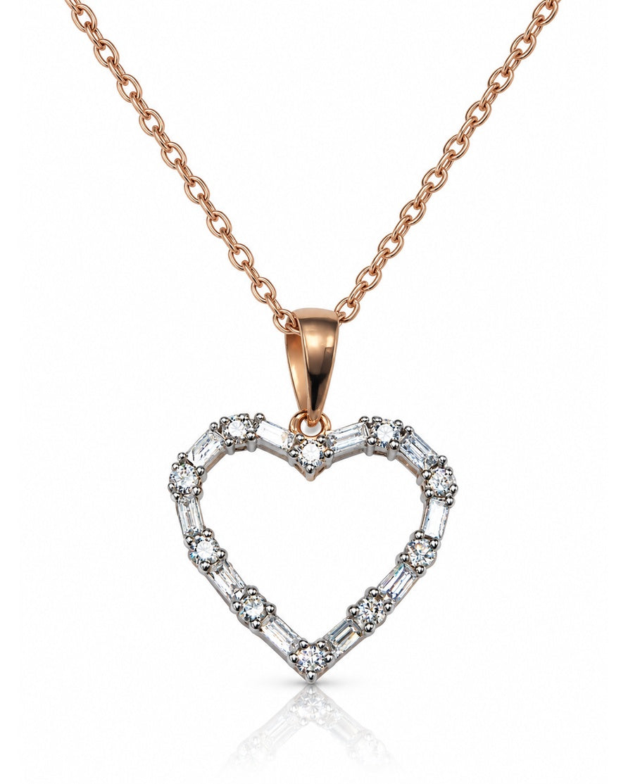 9ct rose gold open heart pendant with alternating round and baguette diamonds on a fine trace chain