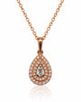 9ct rose gold pear-shaped diamond pendant with double pavé halo on fine cable chain
